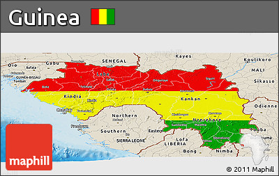 Flag Panoramic Map of Guinea, shaded relief outside, flag rotated