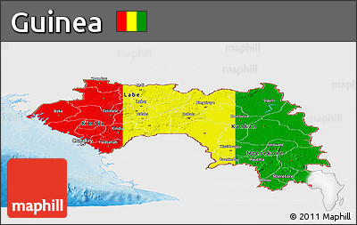 Flag Panoramic Map of Guinea, single color outside, bathymetry sea, shaded relief sea, flag centered