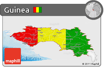 Flag Panoramic Map of Guinea, single color outside, bathymetry sea, shaded relief sea