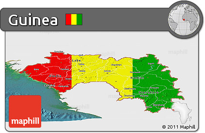 Flag Panoramic Map of Guinea, single color outside, satellite sea, flag centered