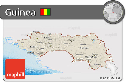Shaded Relief Panoramic Map of Guinea, single color outside