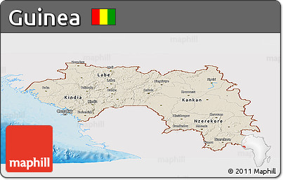 Shaded Relief Panoramic Map of Guinea, single color outside