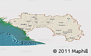 Shaded Relief Panoramic Map of Guinea, single color outside, satellite sea