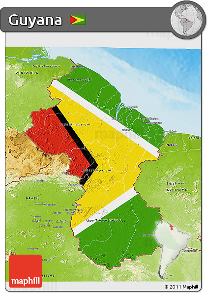 Flag 3D Map of Guyana, physical outside