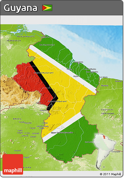 Flag 3D Map of Guyana, physical outside