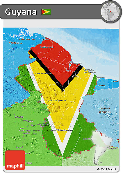 Flag 3D Map of Guyana, political shades outside, flag rotated