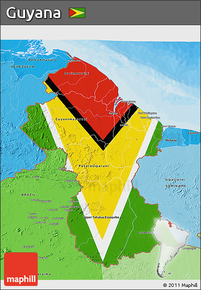 Flag 3D Map of Guyana, political shades outside, flag rotated