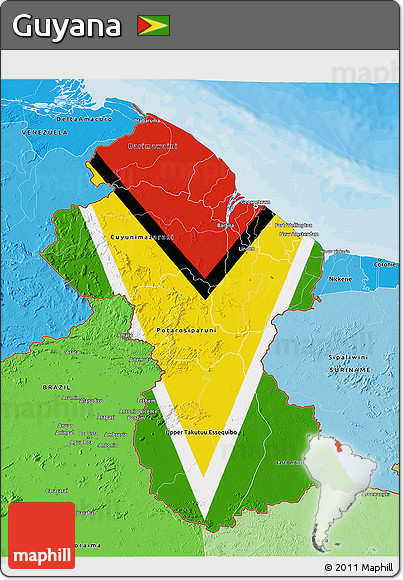 Flag 3D Map of Guyana, political shades outside, flag rotated