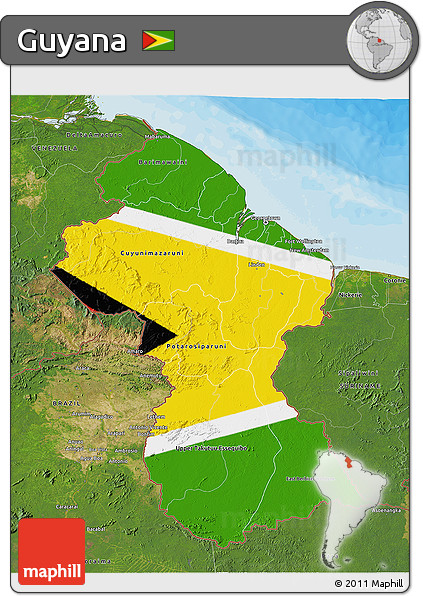 Flag 3D Map of Guyana, satellite outside, bathymetry sea, flag centered