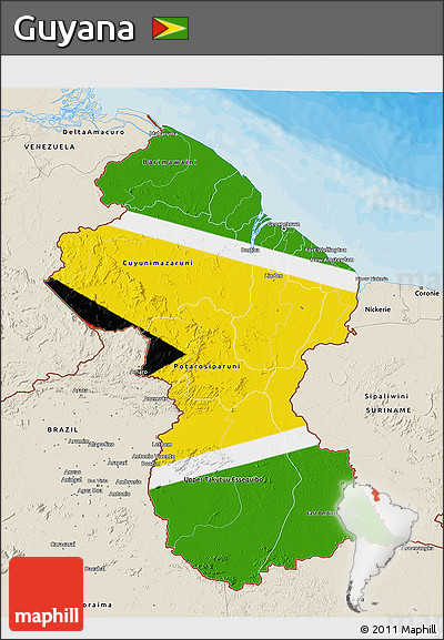 Flag 3D Map of Guyana, shaded relief outside, bathymetry sea, flag centered