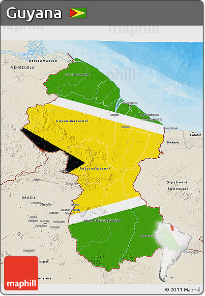 Flag 3D Map of Guyana, shaded relief outside, bathymetry sea, flag centered