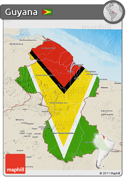 Flag 3D Map of Guyana, shaded relief outside, flag rotated