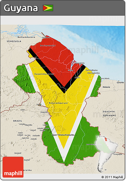 Flag 3D Map of Guyana, shaded relief outside, flag rotated
