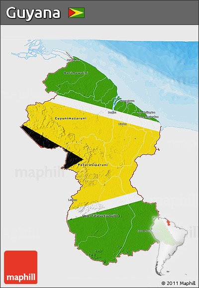 Flag 3D Map of Guyana, single color outside, bathymetry sea, shaded relief sea, flag centered