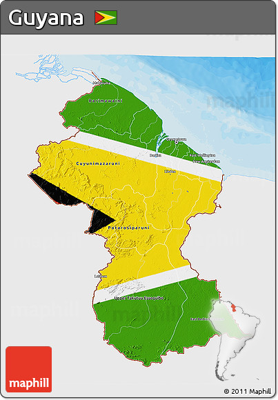 Flag 3D Map of Guyana, single color outside, bathymetry sea, shaded relief sea, flag centered