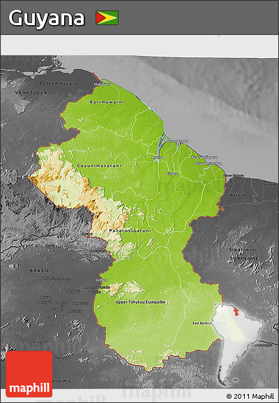 Physical 3D Map of Guyana, darken, desaturated