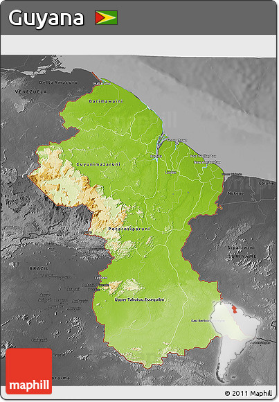 Physical 3D Map of Guyana, darken, desaturated
