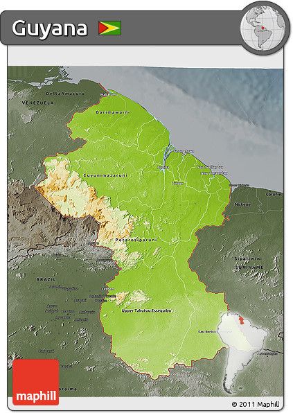 Physical 3D Map of Guyana, darken, semi-desaturated