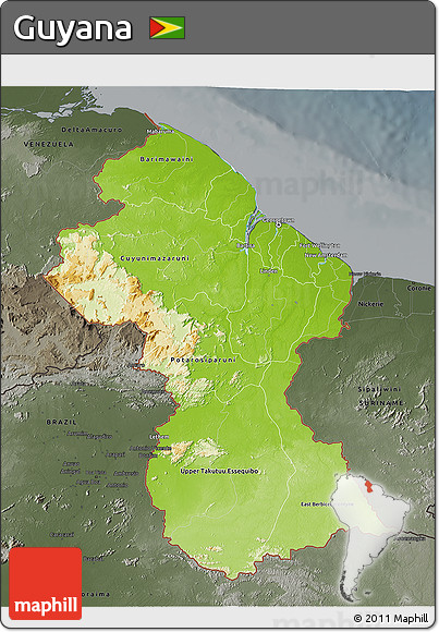 Physical 3D Map of Guyana, darken, semi-desaturated