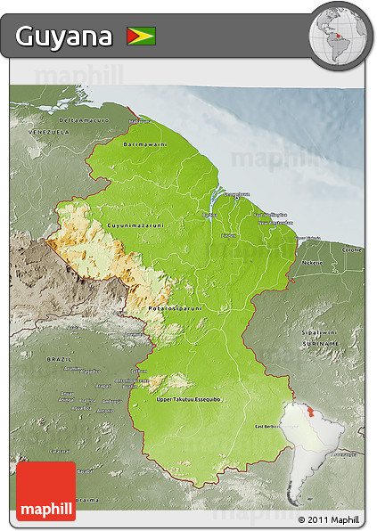 Physical 3D Map of Guyana, semi-desaturated