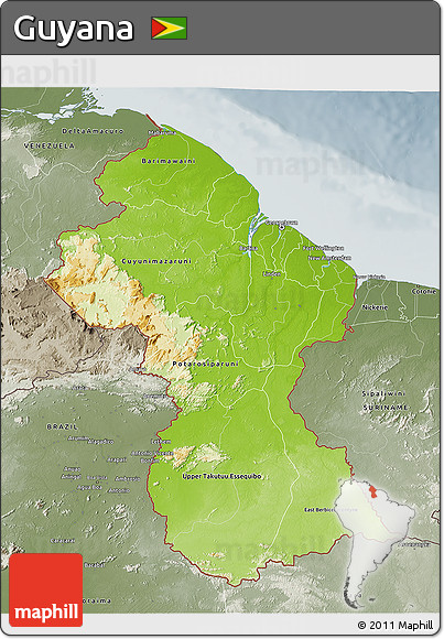 Physical 3D Map of Guyana, semi-desaturated