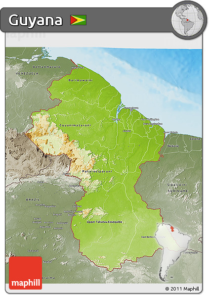 Physical 3D Map of Guyana, semi-desaturated, land only