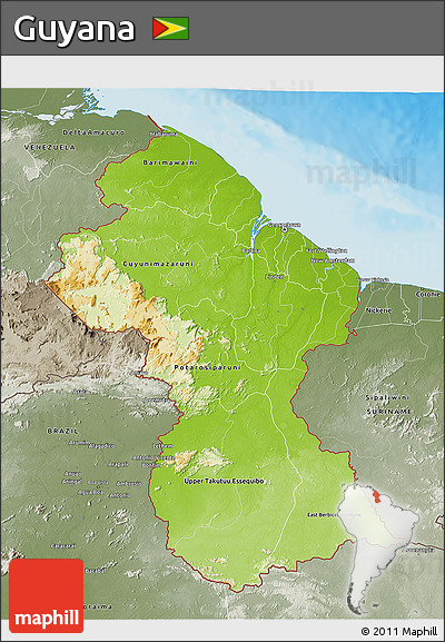 Physical 3D Map of Guyana, semi-desaturated, land only