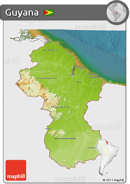 Physical 3D Map of Guyana, single color outside, satellite sea