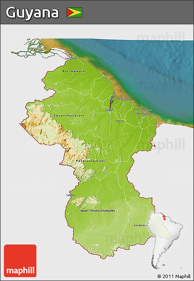 Physical 3D Map of Guyana, single color outside, satellite sea