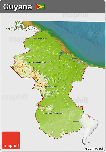 Physical 3D Map of Guyana, single color outside, satellite sea