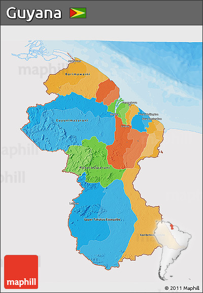 Political 3D Map of Guyana, single color outside