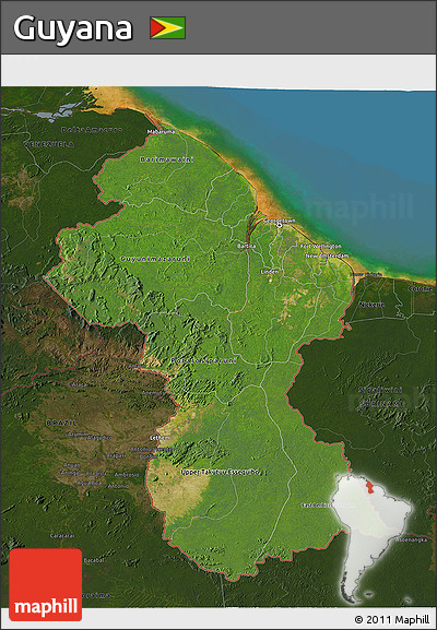 Satellite 3D Map of Guyana, darken, land only
