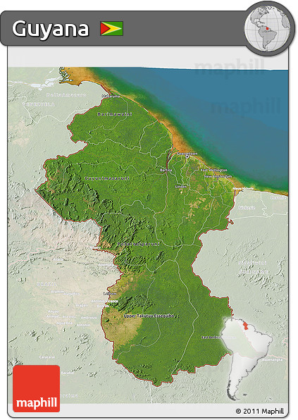 Satellite 3D Map of Guyana, lighten, land only