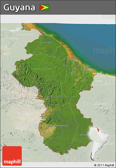 Satellite 3D Map of Guyana, lighten, land only