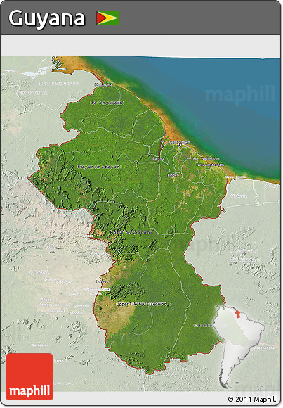 Satellite 3D Map of Guyana, lighten, land only