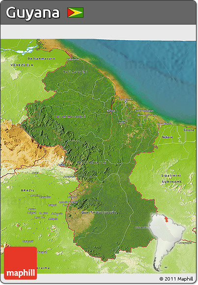 Satellite 3D Map of Guyana, physical outside, satellite sea