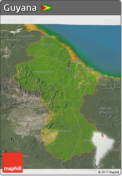 Satellite 3D Map of Guyana, semi-desaturated, land only