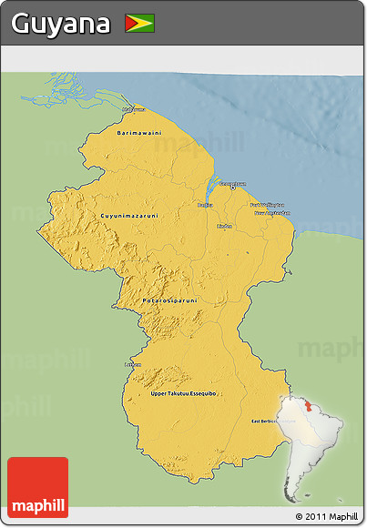 Savanna Style 3D Map of Guyana, single color outside