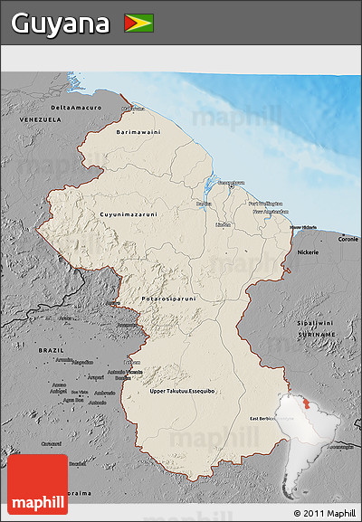 Shaded Relief 3D Map of Guyana, darken, desaturated, land only