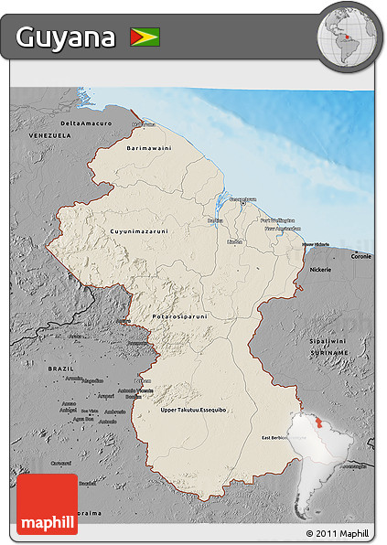 Shaded Relief 3D Map of Guyana, darken, desaturated, land only