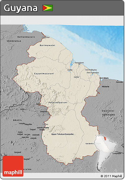 Shaded Relief 3D Map of Guyana, darken, desaturated, land only