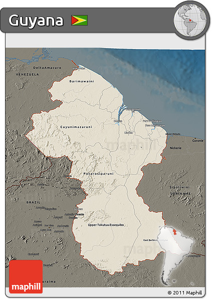 Shaded Relief 3D Map of Guyana, darken