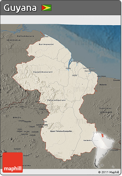 Shaded Relief 3D Map of Guyana, darken