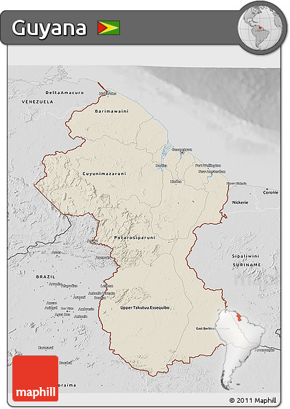 Shaded Relief 3D Map of Guyana, desaturated