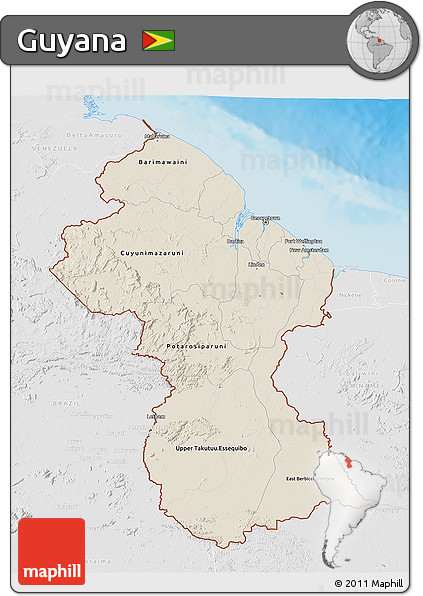 Shaded Relief 3D Map of Guyana, lighten, desaturated, land only