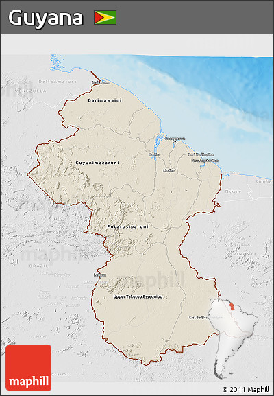 Shaded Relief 3D Map of Guyana, lighten, desaturated, land only