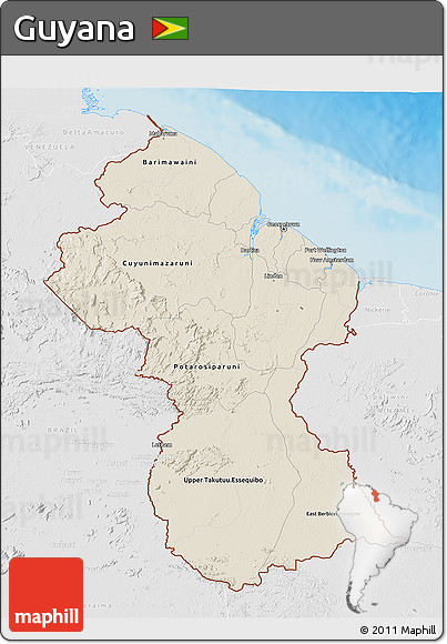 Shaded Relief 3D Map of Guyana, lighten, desaturated, land only