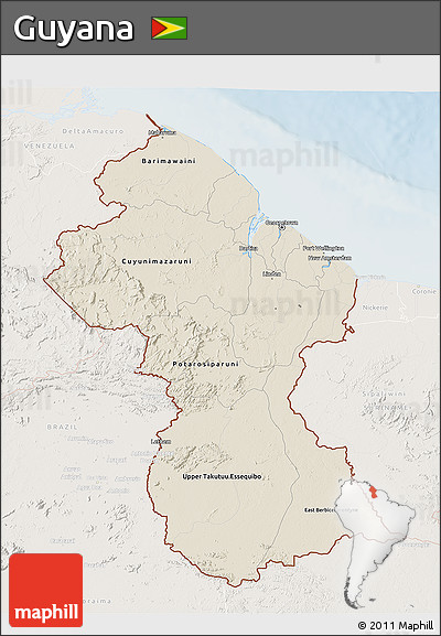 Shaded Relief 3D Map of Guyana, lighten