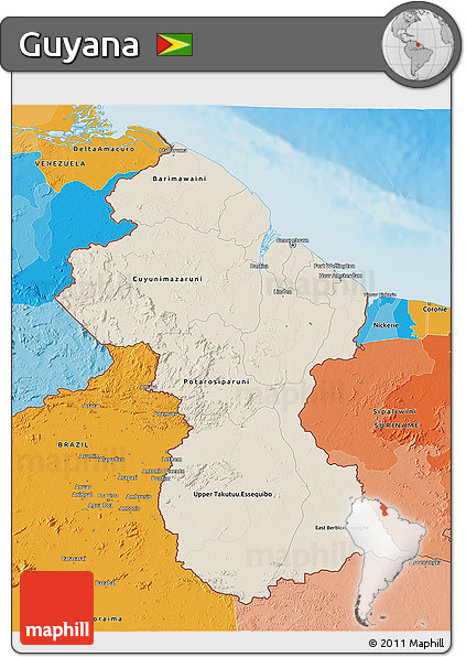 Shaded Relief 3D Map of Guyana, political outside, shaded relief sea
