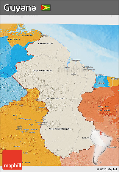 Shaded Relief 3D Map of Guyana, political outside, shaded relief sea